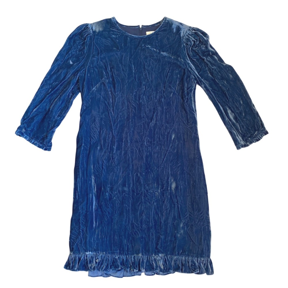 NEW SHOSHANNA Velvet‎ Puff Sleeve Ruffle Hem Mini Dress SZ 8 Blue Winter Holiday - Picture 3 of 9